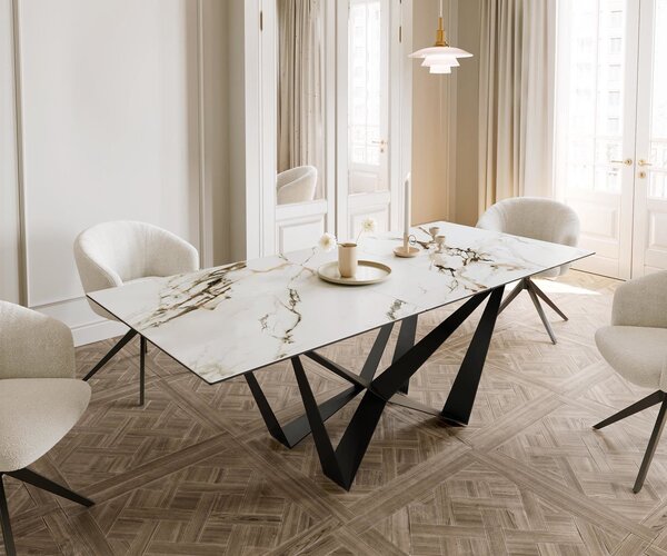 DELIFE Jídelní stůl Edge 180-220x100 keramika Calacatta Luxe bílá-zlatá-šedá spider plochá ocel černá rozkládací