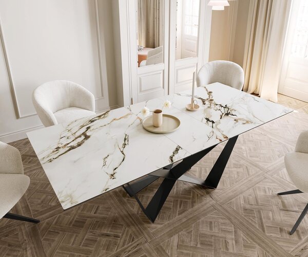 DELIFE Jídelní stůl Edge 180-220x100 keramika Calacatta Luxe bílá-zlatá-šedá spider plochá ocel černá rozkládací