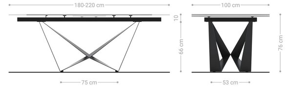 DELIFE Jídelní stůl Edge 180-220x100 keramika Calacatta Luxe bílá-zlatá-šedá spider plochá ocel černá rozkládací