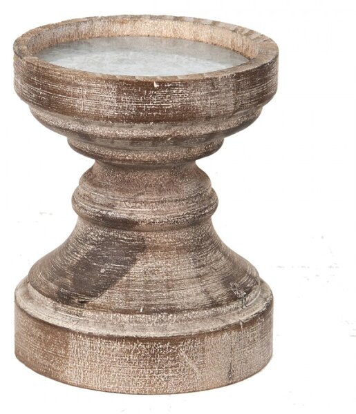 Hnědý antik dřevěný svícen na širokou svíčku – 14x16 cm
