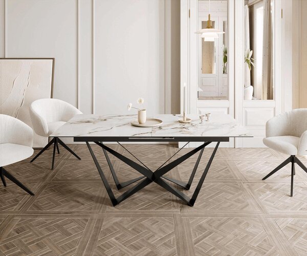 DELIFE Jídelní stůl Edge 180-220x100 keramika Calacatta Luxe bílá-zlatá-šedá spider plochá ocel černá rozkládací