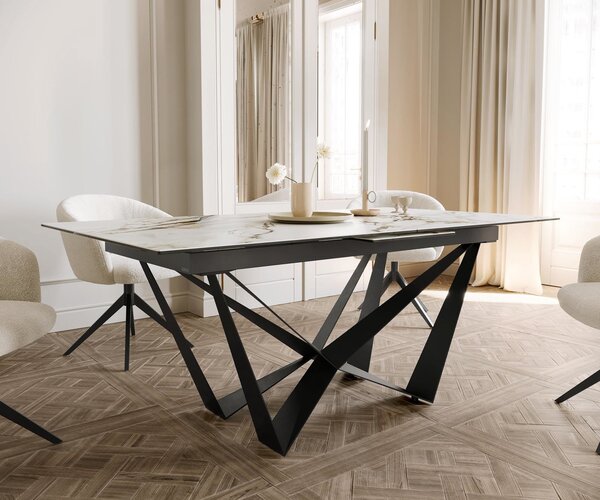 DELIFE Jídelní stůl Edge 180-220x100 keramika Calacatta Luxe bílá-zlatá-šedá spider plochá ocel černá rozkládací