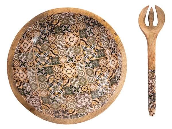 Dřevěná servírovací mísa se salátovou vidličkou a vnitřkem s ornamenty – 30x7 cm