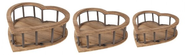 3ks hnědý dřevěný úložný košík ve tvaru srdce – 33x33x10 / 26x26x9 / 20x20x8 cm