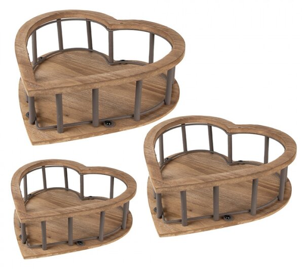 3ks hnědý dřevěný úložný košík ve tvaru srdce – 33x33x10 / 26x26x9 / 20x20x8 cm