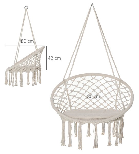 Outsunny Kulatý Závěsný Závěs s Ø60 cm Houpacím Křeslem s Polštářem a Bavlněným Lanem pro Vnitřní i Venkovní Použití 80x80x42 cm Béžová | Aosom