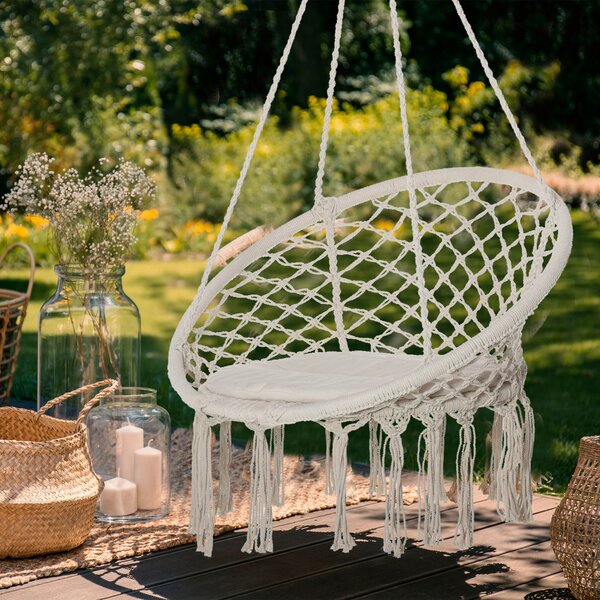 Outsunny Kulatý Závěsný Závěs s Ø60 cm Houpacím Křeslem s Polštářem a Bavlněným Lanem pro Vnitřní i Venkovní Použití 80x80x42 cm Béžová | Aosom