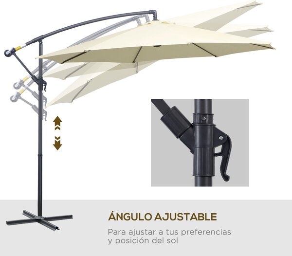 Slunečník Outsunny Ø300x250 cm s bočním polím a křížovou základnou, nakloněný s kličkou a 8 kovovými tyčemi pro venkovní terasu a balkon béžová | Aoso