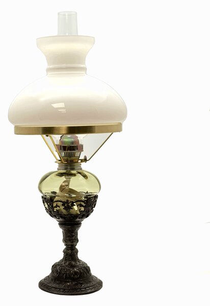 Sklárna Častolovice - Petrolejová lampa Barbora - lesní zelená zdobená cínem - komplet 1