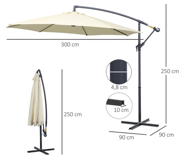 Slunečník Outsunny Ø300x250 cm s bočním polím a křížovou základnou, nakloněný s kličkou a 8 kovovými tyčemi pro venkovní terasu a balkon béžová | Aoso