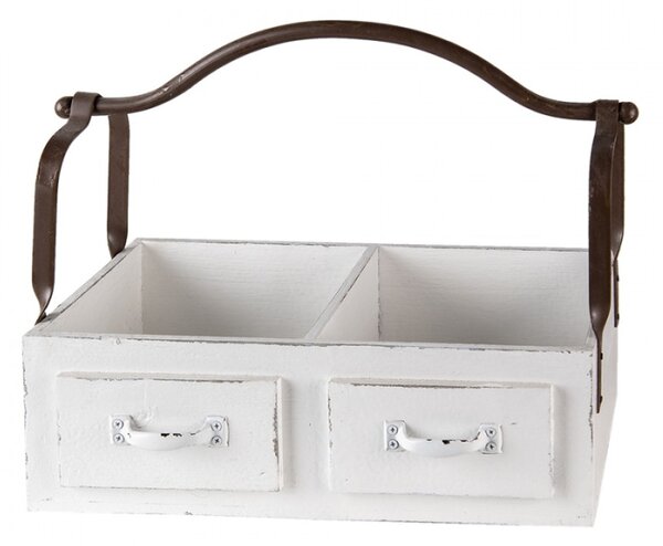 Bílý dřevěný retro box se dvěmi přihrádkami a kovovým uchem – 41x19x29 cm