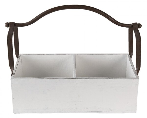 Bílý dřevěný retro box se dvěmi přihrádkami a kovovým uchem – 41x19x29 cm