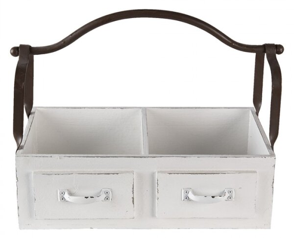 Bílý dřevěný retro box se dvěmi přihrádkami a kovovým uchem – 41x19x29 cm