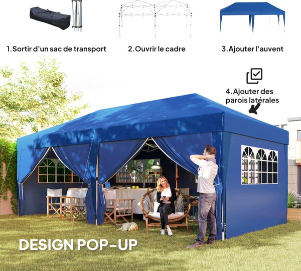 Outsunny Zahradní Altán Skládací Pop-Up Altán 3 x 6 m s 6 Bočními Stěnami, Odkapávacími Otvory, Včetně Nosného Úložného Pytle, Skládací Stříška pro Ke