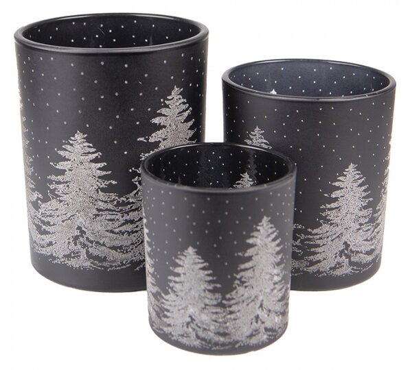 3ks černý skleněný svícen na čajovou svíčku se stromky – 10x12 / 9x10 / 7x8 cm