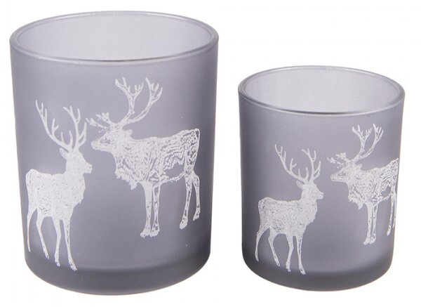 2ks šedý skleněný svícen na čajovou svíčku s jelenem a sobem – 9x10 / 7x8 cm