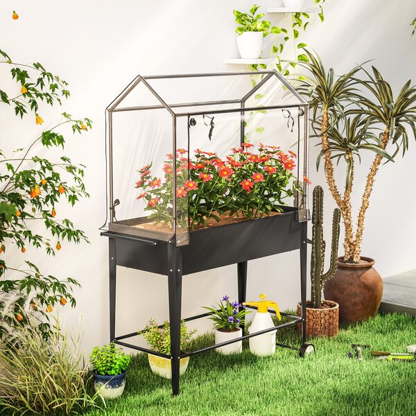 Podlokálně zvýšený záhon Outsunny s PVC krytem, zvýšený květináč na kolečkách, rolovací zipová dvířka a odtokový otvor, mini skleník na zeleninu, květ
