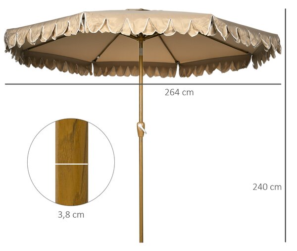 Zahradní slunečník Outsunny s náklonem, kulatý slunečník Ø 264 cm s odolnou polyesterovou látkou proti UV záření, s třásněmi, odnímatelným stožárem a