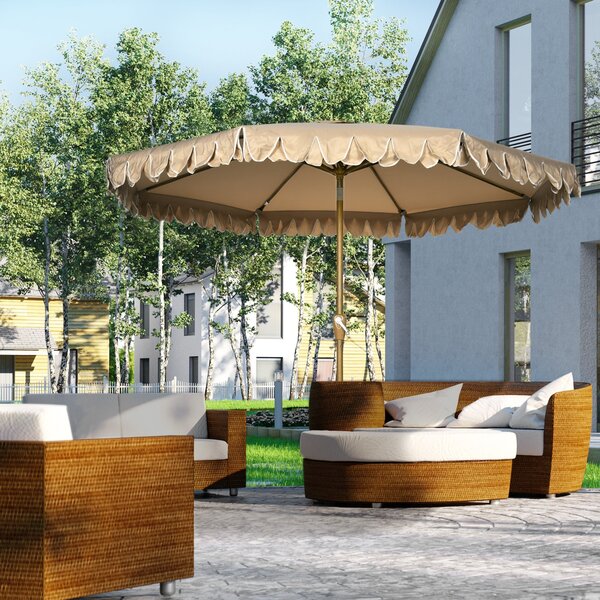 Zahradní slunečník Outsunny s náklonem, kulatý slunečník Ø 264 cm s odolnou polyesterovou látkou proti UV záření, s třásněmi, odnímatelným stožárem a