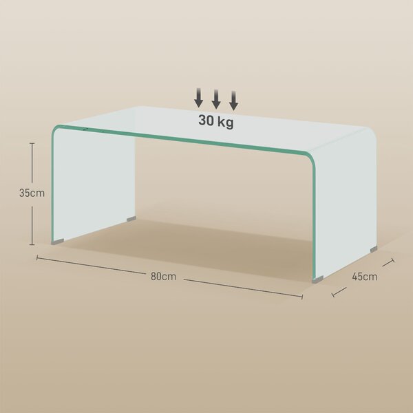 HOMCOM Průhledný Skleněný Kávový Stolek Obdélníkový Moderní Design Temperované Sklo s Bezpečnými Zaoblenými Okraji 80 x 45 x 35 cm | Aosom