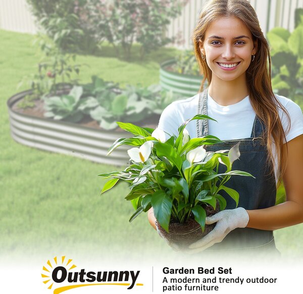 Outsunny Sada 2 Zvednutých Zahradních Truhlíků z Pozinkované Oceli, Sada Zahradního Lůžka, Gumový Okraj a Otevřené Dno, pro Zeleninu, Ovoce, Květiny