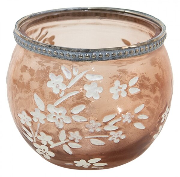 Béžovo-hnědý skleněný svícen na čajovou svíčku s květy Onfroi – 10x8 cm