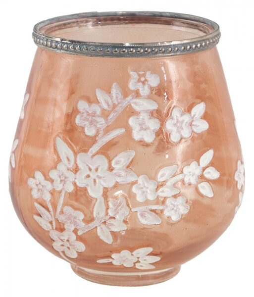 Béžovo-hnedý sklenený svícen na cajovou svícku s kvety Onfroi – 13x14 cm