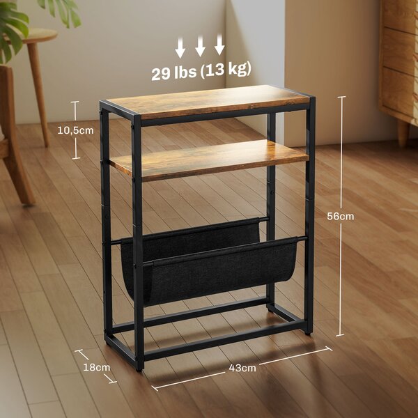 HOMCOM Koncový stolík s policí a stojanem na časopisy - Průmyslový design - 43D x 18Š x 56V cm Tmavě hnědý | Aosom