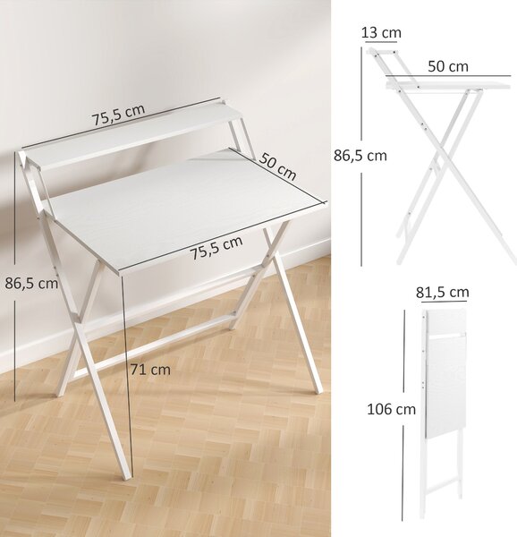 HOMCOM Skládací Počítačový Stolek 75,5 x 50 cm se Skladovací Policí, Psací Stůl do Ložnice, pro Malé Prostory, Bílá | Aosom