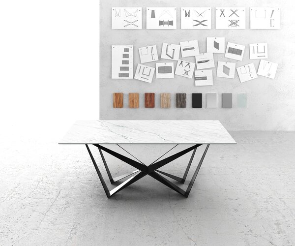 DELIFE Jídelní stůl Edge 200x100 cm keramika Laminam® Statuarietto bílá středová podnož plochá ocel černá