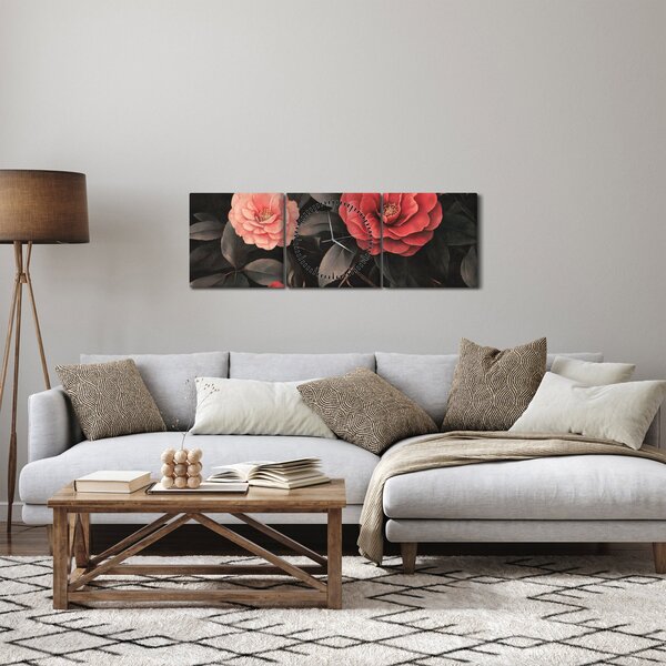 Obraz - Červené květy na temném pozadí (s hodinami) (90x30 cm)