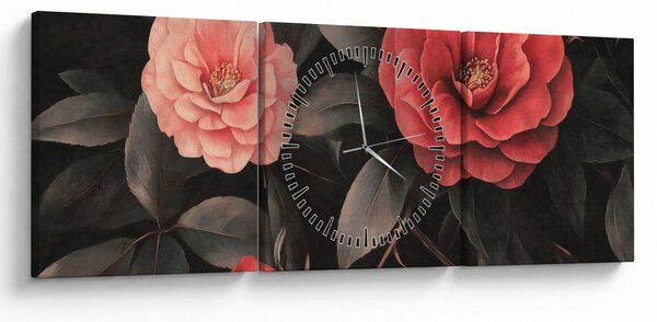 Obraz - Červené květy na temném pozadí (s hodinami) (90x30 cm)