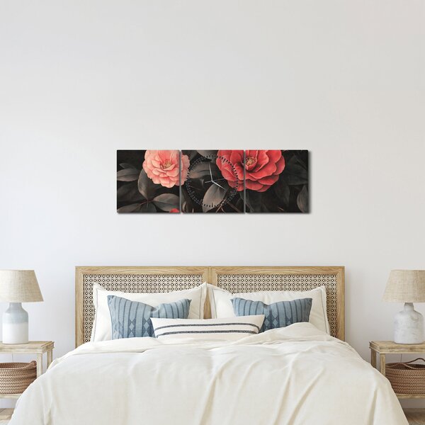 Obraz - Červené květy na temném pozadí (s hodinami) (90x30 cm)