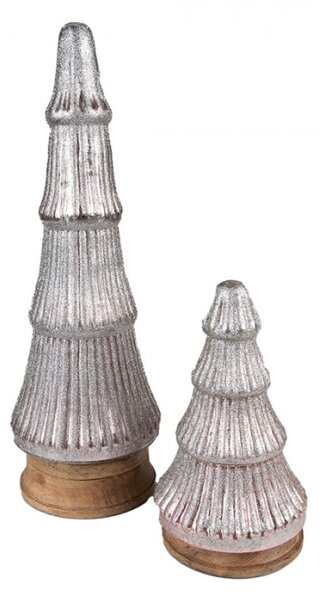 Stříbrný dekorační skleněný stromek na dřevěném podstavci – 13x24 cm