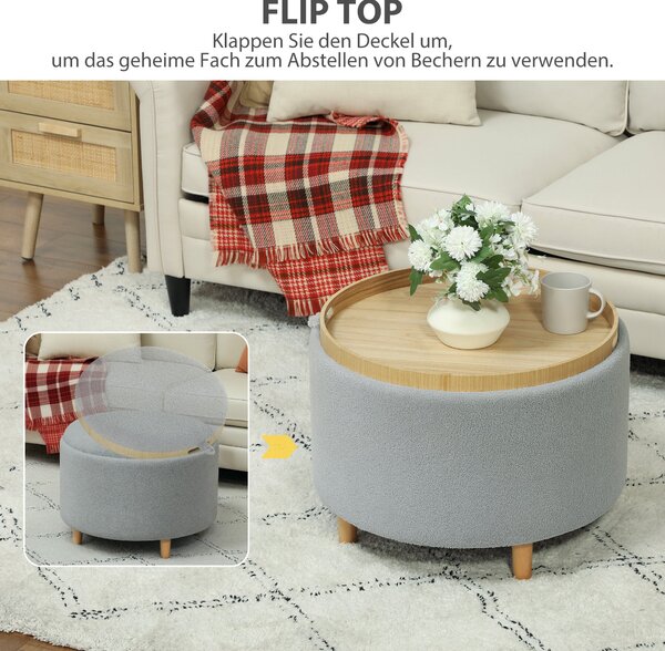 HOMCOM Úložný taburet s úložným prostorem, kulatý potahovaný taburet s sklápěcím víkem, dřevěné nohy, moderní design, do obývacího pokoje, ložnice, še