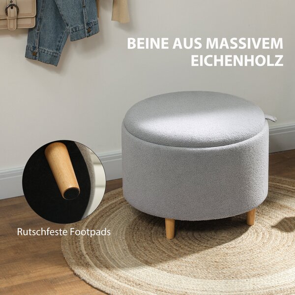 HOMCOM Úložný taburet s úložným prostorem, kulatý potahovaný taburet s sklápěcím víkem, dřevěné nohy, moderní design, do obývacího pokoje, ložnice, še
