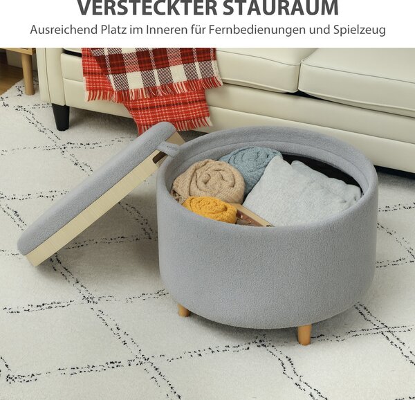 HOMCOM Úložný taburet s úložným prostorem, kulatý potahovaný taburet s sklápěcím víkem, dřevěné nohy, moderní design, do obývacího pokoje, ložnice, še