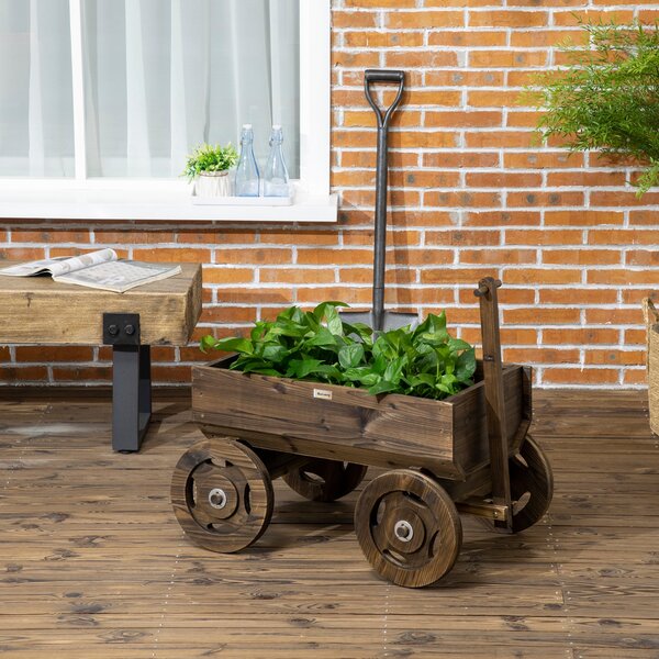 Zvýšený záhon Outsunny v designu dřevěného vozíku, dřevěná květinová bedna, rostlinný vozík, stojan na rostliny pro zahradu a terasu, nosnost až 50 kg
