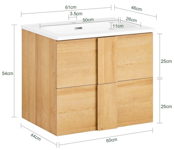 Sobuy Bzr172-N Spodní Skříňka Pod Umyvadlo Se Dvěma Zásuvkami Skříňka Do Koupelny Umyvadlo S Umyvadlem Přírodní Wd Cca 61X54X46Cm