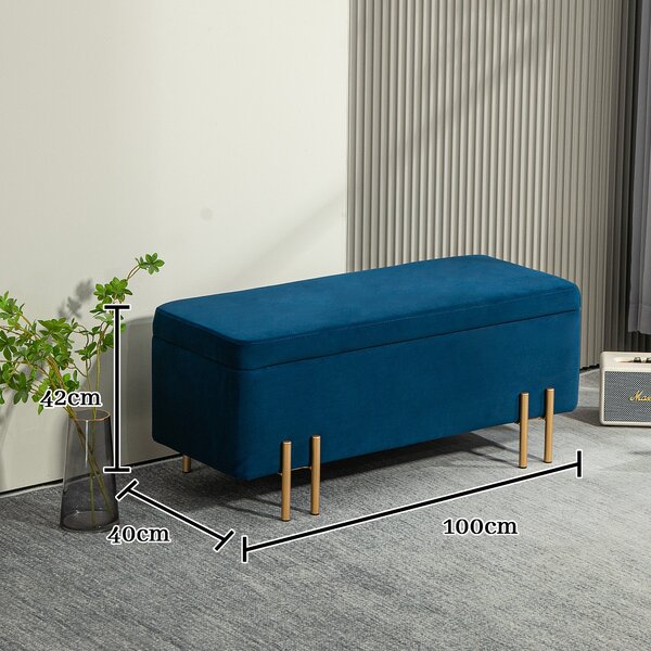 HOMCOM Úložná lavice Ottoman s sametovým povrchem, čalouněná lavice s kovovými nohami, úložný box do obývacího pokoje, ložnice nebo chodby 100 x 40 x