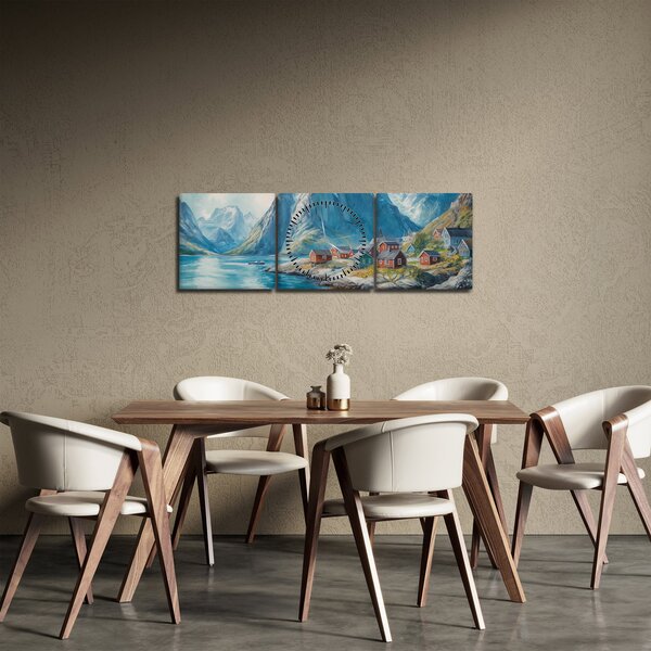 Obraz - Norská vesnička (s hodinami) (90x30 cm)