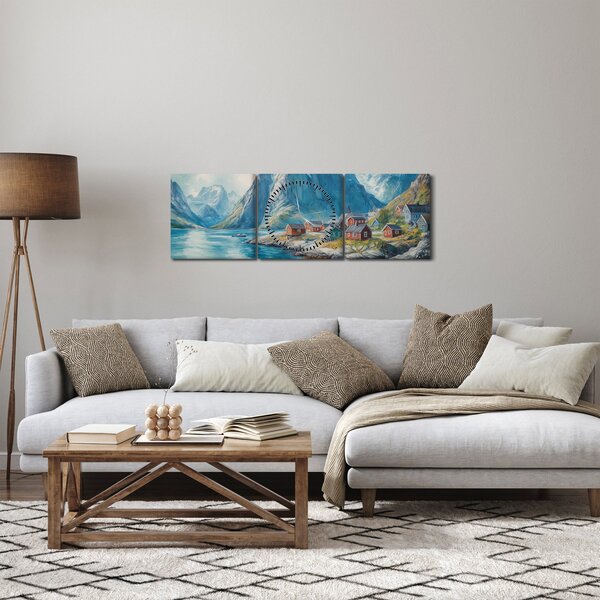 Obraz - Norská vesnička (s hodinami) (90x30 cm)