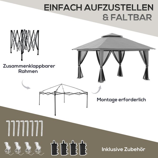 Outsunny Pavilon 4x4m Stabilní Zimní Pop-up Zahradní Pavilon s Dvoum Plochou Střechou, UV Ochrana 50+ Party Stan s 4 Bočními Zdmi a Pytli s Pískem pro