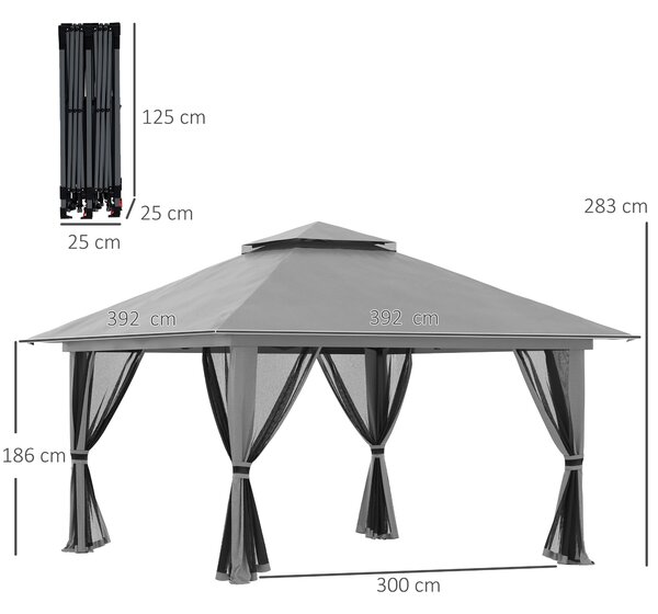 Outsunny Pavilon 4x4m Stabilní Zimní Pop-up Zahradní Pavilon s Dvoum Plochou Střechou, UV Ochrana 50+ Party Stan s 4 Bočními Zdmi a Pytli s Pískem pro