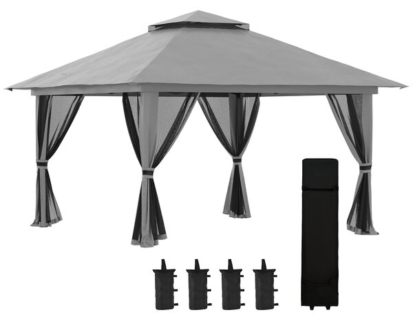 Outsunny Pavilon 4x4m Stabilní Zimní Pop-up Zahradní Pavilon s Dvoum Plochou Střechou, UV Ochrana 50+ Party Stan s 4 Bočními Zdmi a Pytli s Pískem pro