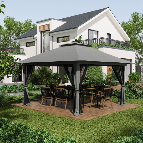 Outsunny Pavilon 4x4m Stabilní Zimní Pop-up Zahradní Pavilon s Dvoum Plochou Střechou, UV Ochrana 50+ Party Stan s 4 Bočními Zdmi a Pytli s Pískem pro