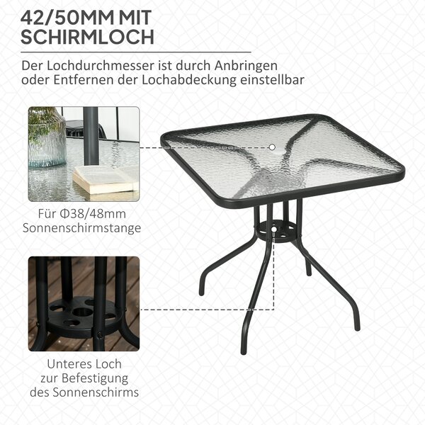 Outsunny Zahradní Stůl S Odnímatelným Kovovým Deskou 76x76 cm Voděodolný Čtvercový Stůl s Otvorem na Slunečník, Protiskluzový Stůl pro Dekoraci, Campi
