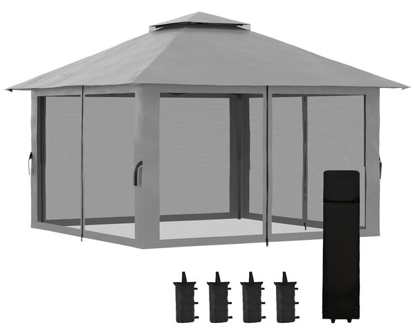 Outsunny Pavilon 4x4m Stabilní Zimní Pop-up Zahradní Pavilon s Dvoum Plochou Střechou, UV Ochrana 50+ Party Stan s 4 Bočními Zdmi a Pytli s Pískem pro
