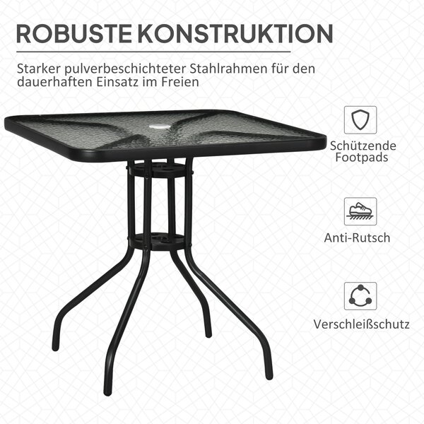 Outsunny Zahradní Stůl S Odnímatelným Kovovým Deskou 76x76 cm Voděodolný Čtvercový Stůl s Otvorem na Slunečník, Protiskluzový Stůl pro Dekoraci, Campi