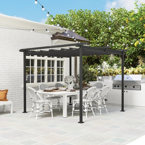 Outsunny Pergola 3x3m Zahradní Pavilon Terasový Kryt z Kovového Materiálu, Zahradní Pergola s Nastavitelnou Sluneční Clonou, UV Ochrana 30+ Samostatný